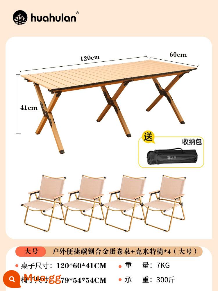 Ghế gấp ngoài trời, Ghế đặc biệt Picnic Picnic di động - Bàn trứng cuộn hợp kim thép cacbon 120cm + ghế kaki lớn*4