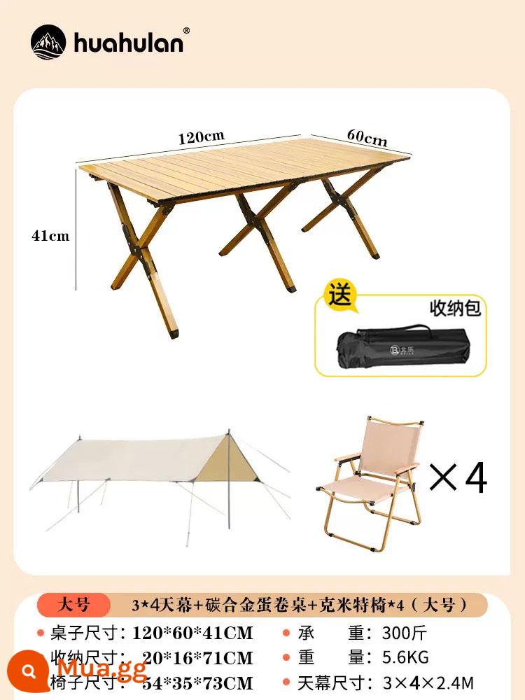 Ghế gấp ngoài trời, Ghế đặc biệt Picnic Picnic di động - 3 * 4 mái che + bàn cuộn trứng hợp kim thép carbon 120 cm + ghế kaki lớn * 4