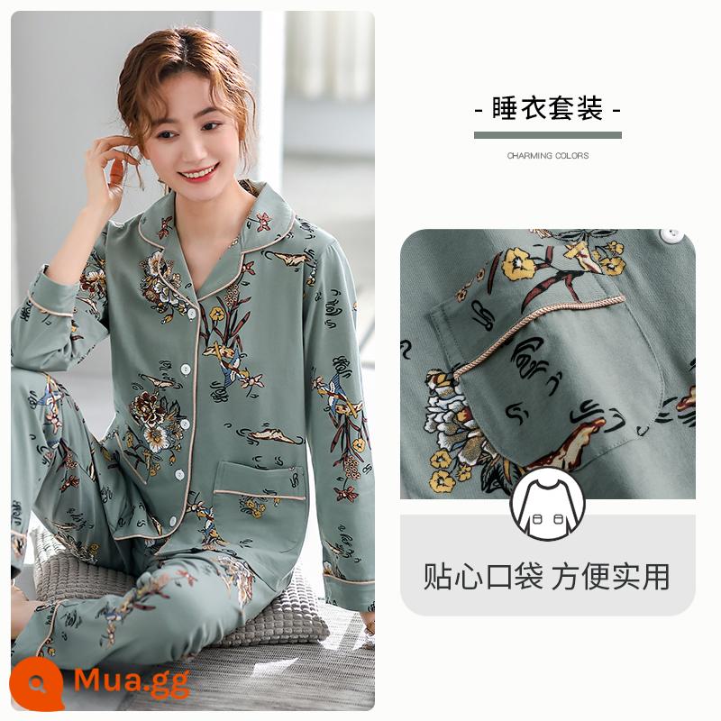 Bộ Đồ Ngủ Nữ Mùa Xuân Và Mùa Thu Mùa Thu Quần Áo Mùa Thu Cotton Nguyên Chất Dài Tay Homewear Thu Đông Mỏng Phần Cỡ Lớn Phù Hợp Với - A810655 xám xanh/ve áo