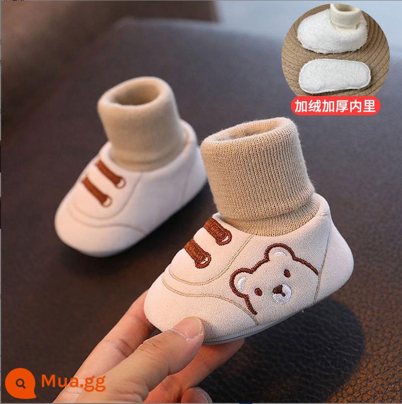 Giày cho bé xuân thu đông 6-12 tháng 0-1 tuổi giày cotton ấm áp tất đế mềm chống trượt cho bé nam và nữ - Kaki gấu cộng với nhung và dày