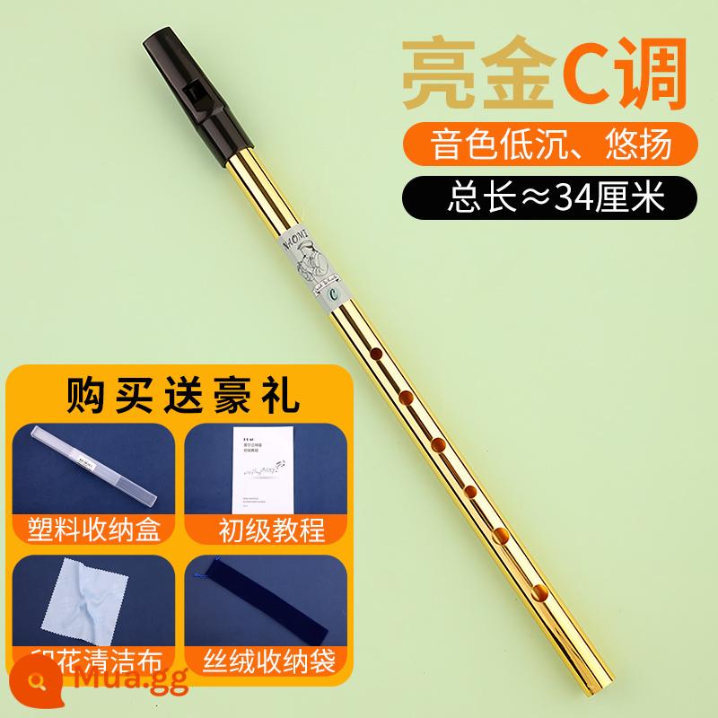 Xuanhe Ailen tiếng còi dành cho người mới bắt đầu nhập cảnh sáu lỗ C-tune D-tune sáo thẳng cao độ hiệu suất nhạc cụ còi kim loại - [Tông vàng sáng C] Thân sáo bằng đồng + ống ngậm nhựa