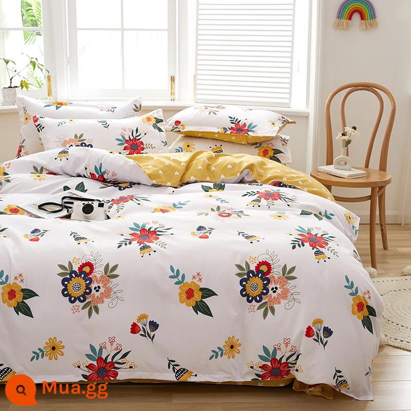 Vỏ chăn đơn mảnh cotton 100 ký túc xá sinh viên đơn 150x200x230 ga trải giường vỏ chăn 2 mảnh 220x240 - Lúa nở hoa trắng be nhạt