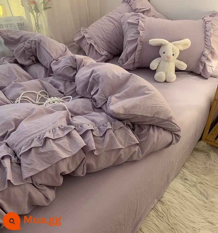 Ins trái tim nữ tính vỏ chăn màu tím bộ bốn mảnh ga trải giường bằng vải cotton đã giặt và ga trải giường vừa vặn bộ ba mảnh ký túc xá bông không nguyên chất 4 - Bông sữa giặt Bella màu tím