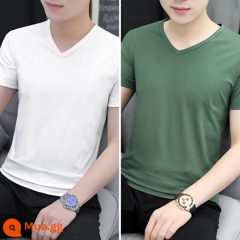 Áo thun cotton ngắn tay Modal nam cổ chữ V màu đen mùa hè lụa băng cảm giác xu hướng tự trồng trọt áo sơ mi nửa tay có đáy - 8803 trắng + xanh trái cây