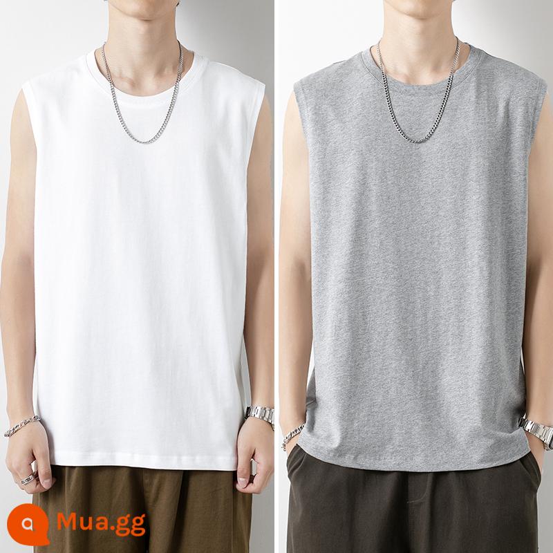 Áo vest cotton áo khoác ngoài hợp thời trang cho nam có đáy rộng áo vest bóng rổ thể dục thể thao có tay áo cắt Áo phông không tay vai rộng màu trắng chữ W - Cotton nguyên chất 1000 trắng + xám hoa