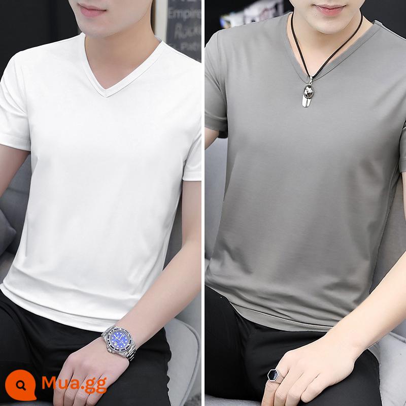 Áo thun cotton ngắn tay Modal nam cổ chữ V màu đen mùa hè lụa băng cảm giác xu hướng tự trồng trọt áo sơ mi nửa tay có đáy - 8803 trắng + xám vừa