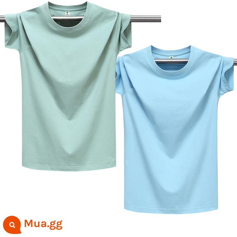 100% cotton chải kỹ màu trơn áo thun nam ngắn tay cổ tròn dáng rộng cỡ lớn nửa tay áo thun nhẹ ban mùa hè T triều - Xanh đậu nguyên chất + xanh nhạt thuần khiết