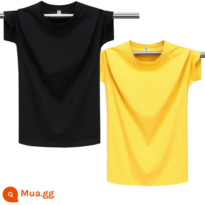 100% cotton chải kỹ màu trơn áo thun nam ngắn tay cổ tròn dáng rộng cỡ lớn nửa tay áo thun nhẹ ban mùa hè T triều - Màu đen thuần khiết + màu vàng thuần khiết