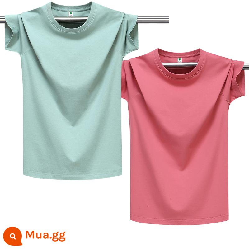 100% cotton chải kỹ màu trơn áo thun nam ngắn tay cổ tròn dáng rộng cỡ lớn nửa tay áo thun nhẹ ban mùa hè T triều - Đậu xanh nguyên chất + đỏ dưa hấu nguyên chất