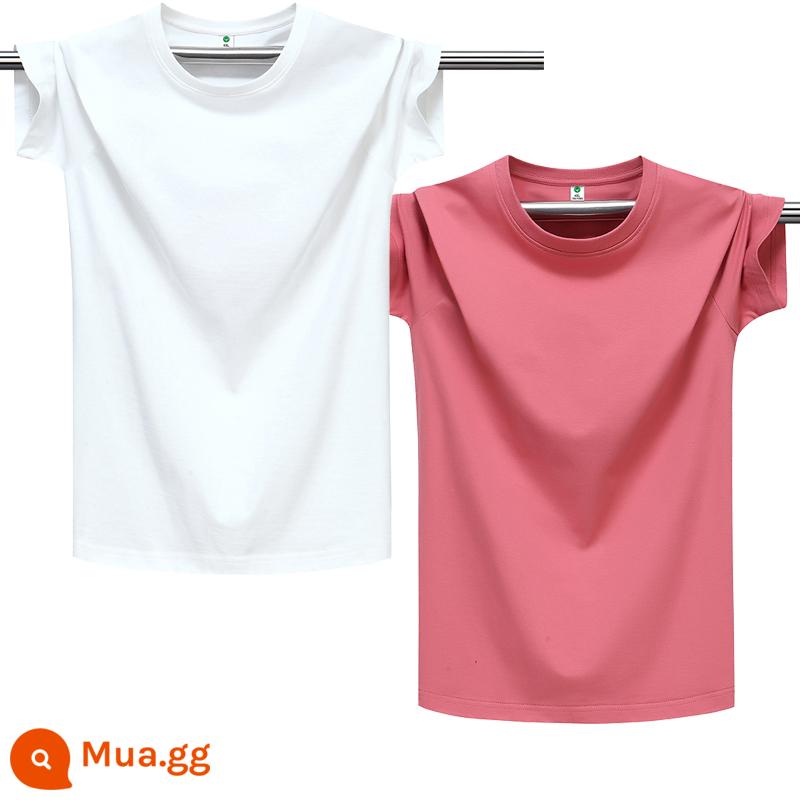 100% cotton chải kỹ màu trơn áo thun nam ngắn tay cổ tròn dáng rộng cỡ lớn nửa tay áo thun nhẹ ban mùa hè T triều - Trắng tinh + đỏ dưa hấu nguyên chất