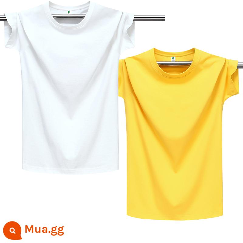 100% cotton chải kỹ màu trơn áo thun nam ngắn tay cổ tròn dáng rộng cỡ lớn nửa tay áo thun nhẹ ban mùa hè T triều - Màu trắng tinh khiết + màu vàng tinh khiết