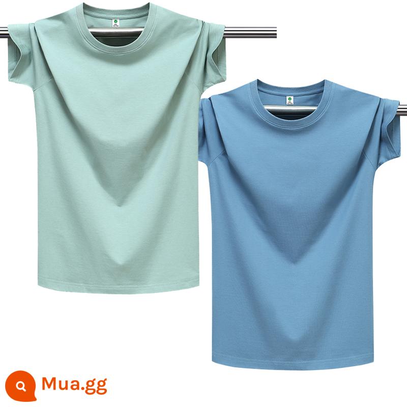 100% cotton chải kỹ màu trơn áo thun nam ngắn tay cổ tròn dáng rộng cỡ lớn nửa tay áo thun nhẹ ban mùa hè T triều - Xanh đậu thuần khiết + xanh sương mù thuần khiết