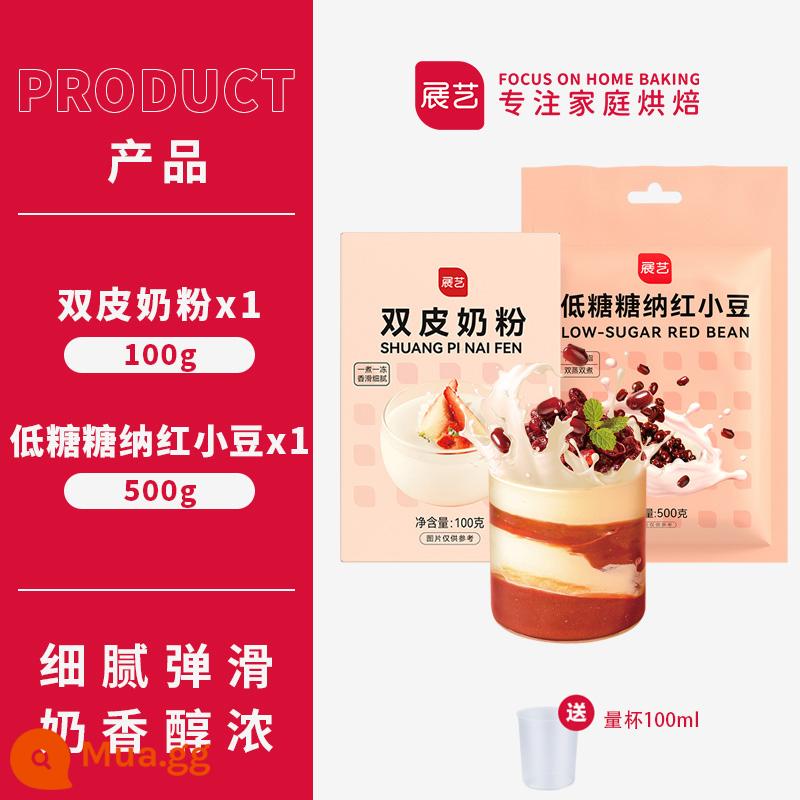 Bột sữa hai lớp Zhanyi 100g bánh pudding sữa hai lớp đậu đỏ tự làm món tráng miệng làm bánh cửa hàng trà sữa nguyên liệu thương mại đặc biệt - [Sữa Đậu Đỏ Double Skin Ít Đường] Đậu Mật Ong Ít Đường 500g + Sữa Double Skin 100g Kèm Cốc Đo Lường