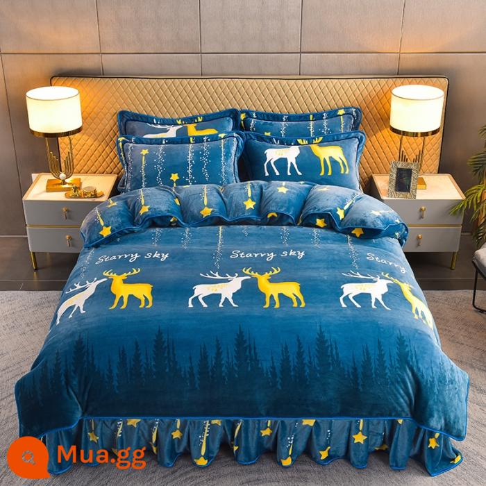 Váy nhung nhung dày Velvet Velvet Velvet Velvet đôi được đặt với Fanri Velvet và Velvet Winter Bedding - Con công màu xanh đầy sao Elkxf