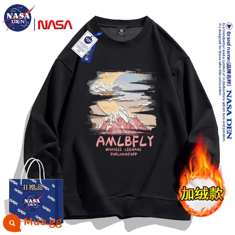 Áo nỉ hạng nặng của NASA dành cho nam giới phong cách hip-hop retro kiểu Mỹ cộng với nhung giản dị phù hợp với áo dài tay cổ tròn mùa thu đông - Đen (cộng với nhung)