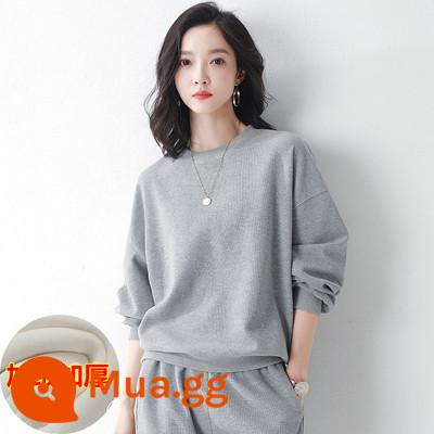 Cotton waffle Plus nhung dày dặn thể thao nữ mùa xuân thu đông 2022 thời trang mới cổ tròn dài tay thường cotton dày dặn - Màu xám [cộng với cashmere]