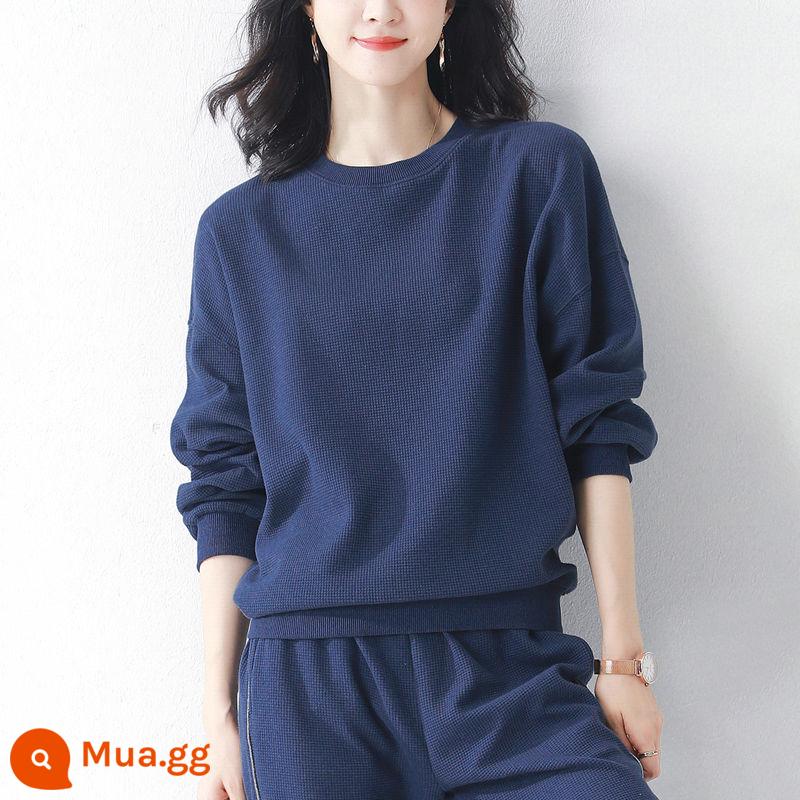 Cotton waffle Plus nhung dày dặn thể thao nữ mùa xuân thu đông 2022 thời trang mới cổ tròn dài tay thường cotton dày dặn - Màu xanh hải quân [mùa xuân và mùa thu]