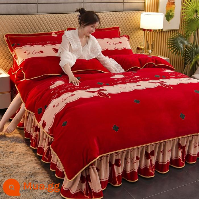 Sữa dày Velvet Bốn bộ bộ Velvet Velvet ấm áp đôi Velvet Velvet Quilting Gold Mink Velvet Bed Bed Supplies - Tình yêu ngọt ngào màu đỏ tía