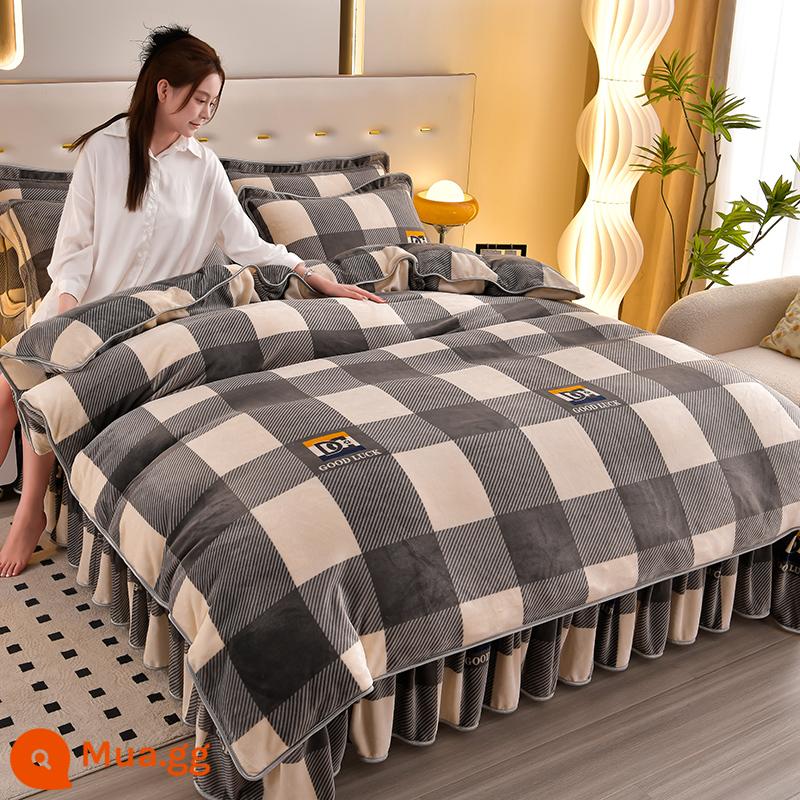 Sữa dày Velvet Bốn bộ bộ Velvet Velvet ấm áp đôi Velvet Velvet Quilting Gold Mink Velvet Bed Bed Supplies - Lưới lớn màu xám xám