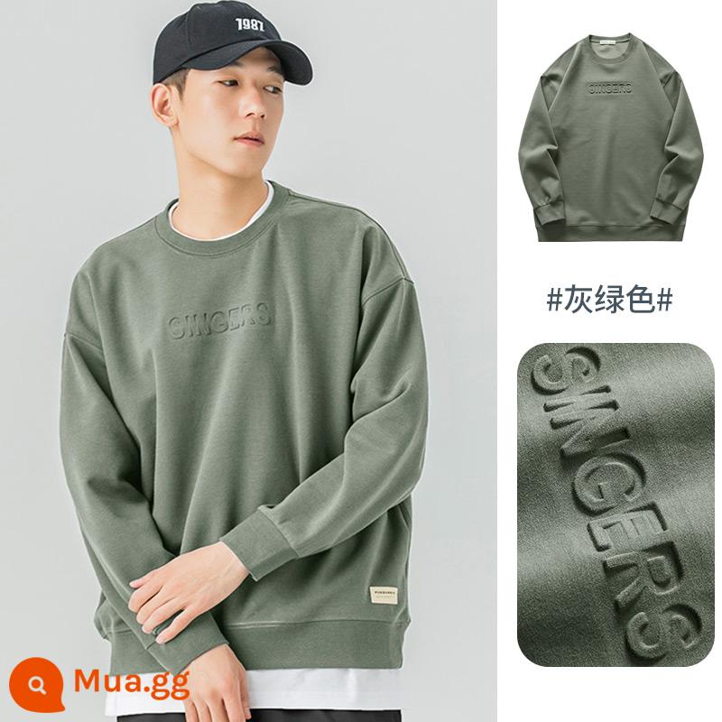 WOODSOON cổ tròn cotton dày T dành cho nam ins hợp thời trang mùa xuân và mùa thu áo sơ mi dài tay dáng rộng mùa thu và mùa đông cộng với áo nhung không mũ - Xanh xám [phong cách vừa phải cho mùa xuân và mùa thu]