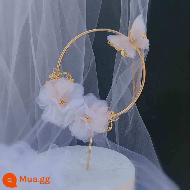 Boutique trang trí bánh nướng cô dâu theo phong cách Châu Âu hợp kim phối ren Vương miện phụ kiện sinh nhật handmade hoàng hậu mũ tròn lớn - Vàng nâu sắt trắng bướm