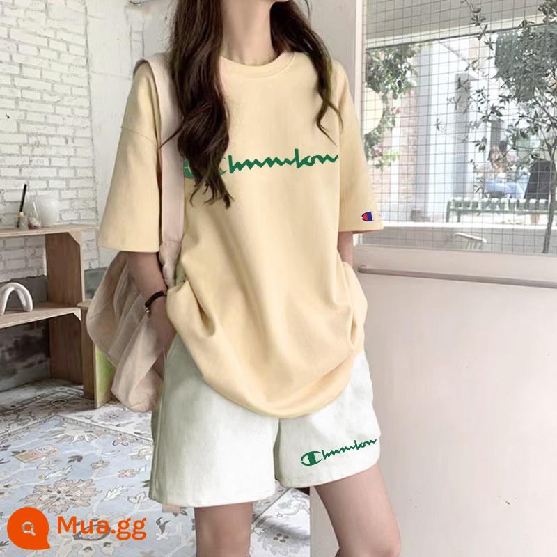 Bộ đồ thể thao trường vô địch nữ mùa hè mới 2023 thường cotton nguyên chất nhỏ tươi thời trang mỏng hai mảnh nữ - bộ đồ màu vàng nhạt