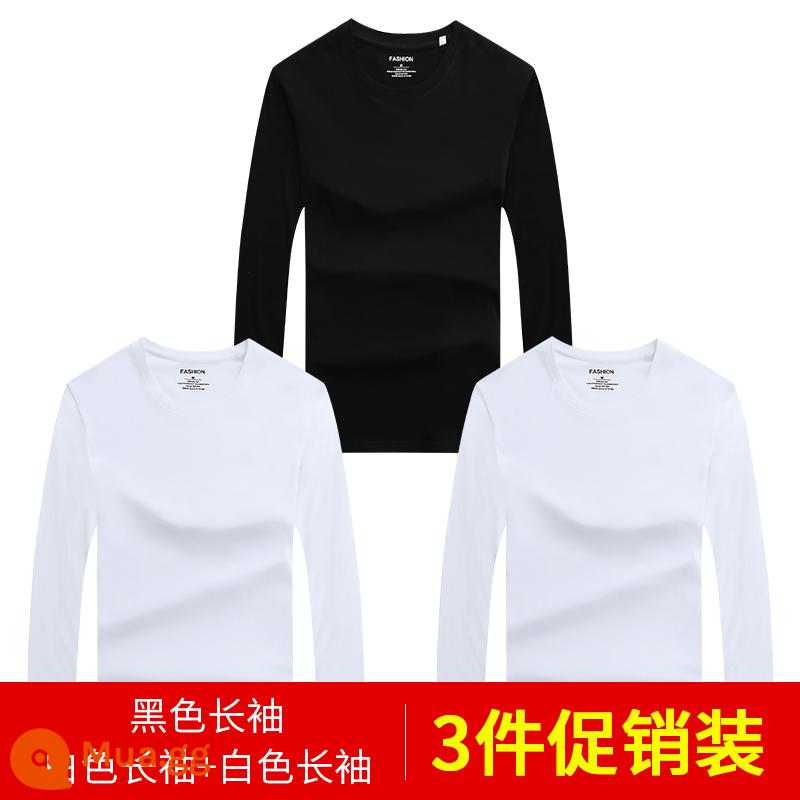 Áo thun nam dài tay mùa thu đông áo thun cotton trắng nguyên chất áo đáy quần mùa xuân hè ngắn tay bên trong dành cho nam - 3 cái 58) Tay áo dài (trắng + trắng + đen) 100% cotton