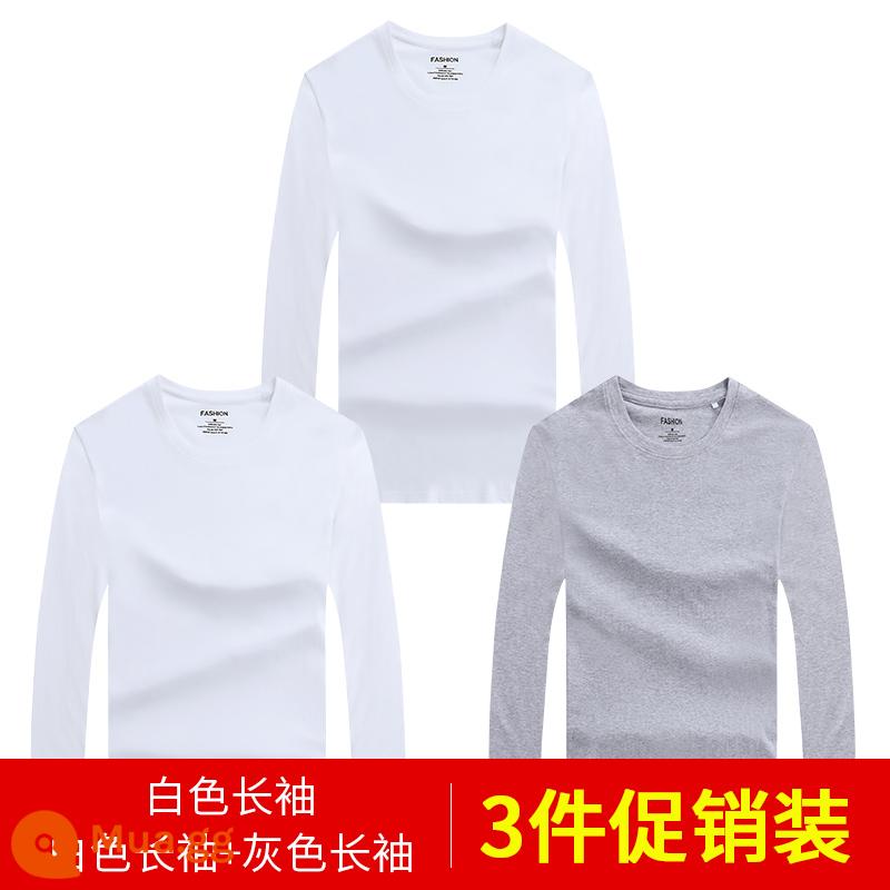 Áo thun nam dài tay mùa thu đông áo thun cotton trắng nguyên chất áo đáy quần mùa xuân hè ngắn tay bên trong dành cho nam - 3 cái 58) tay dài (trắng + trắng + xám) 100% cotton