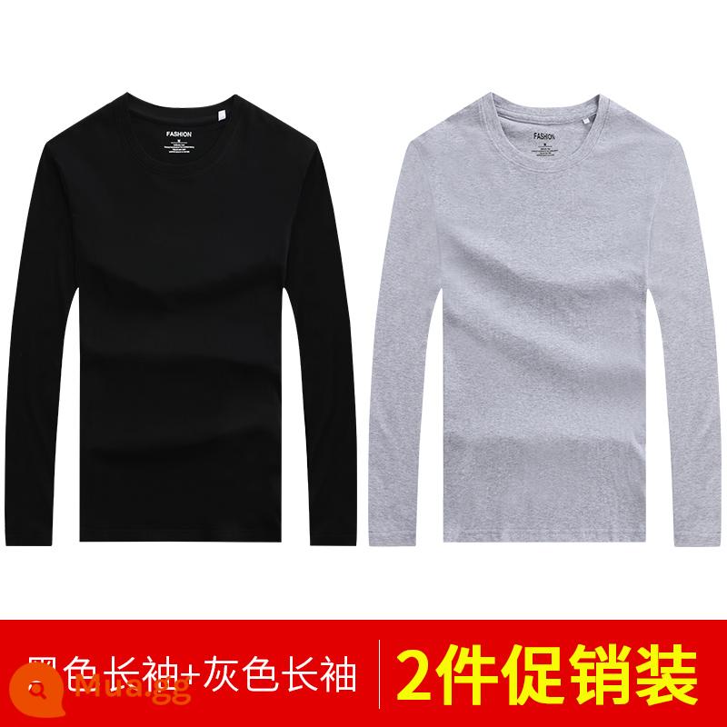 Áo thun nam dài tay mùa thu đông áo thun cotton trắng nguyên chất áo đáy quần mùa xuân hè ngắn tay bên trong dành cho nam - 2 cái 39) tay dài (đen + xám) 100% cotton