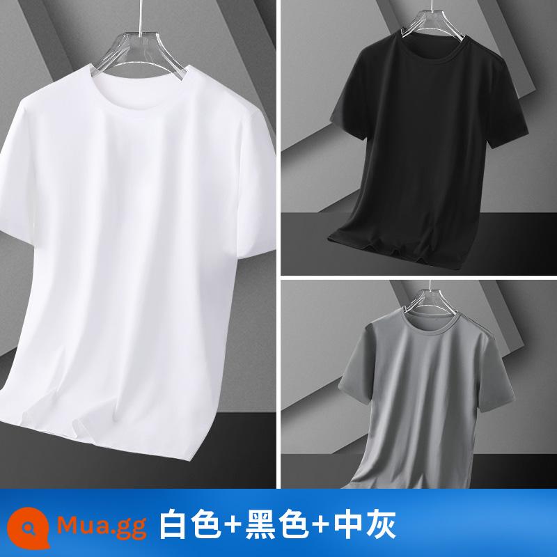 Mùa hè phương thức băng lụa mỏng màu trắng ngắn tay T-shirt thủy triều thương hiệu nửa tay quần áo nam đáy T-shirt - trắng + đen + xám vừa