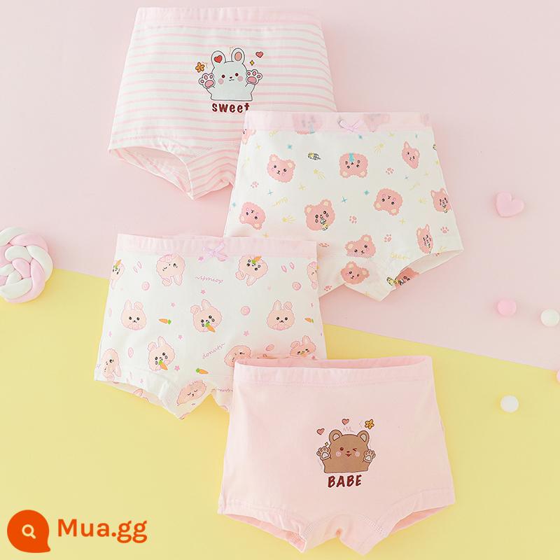 Quần lót trẻ em bé gái cotton nguyên chất tam giác cho bé 100% không kẹp mông PP bé gái con lớn quần lót boxer cotton - Gấu Nhỏ và Thỏ Nhỏ (Bốn Góc) Loại A cotton nguyên chất không PP, 4 gói