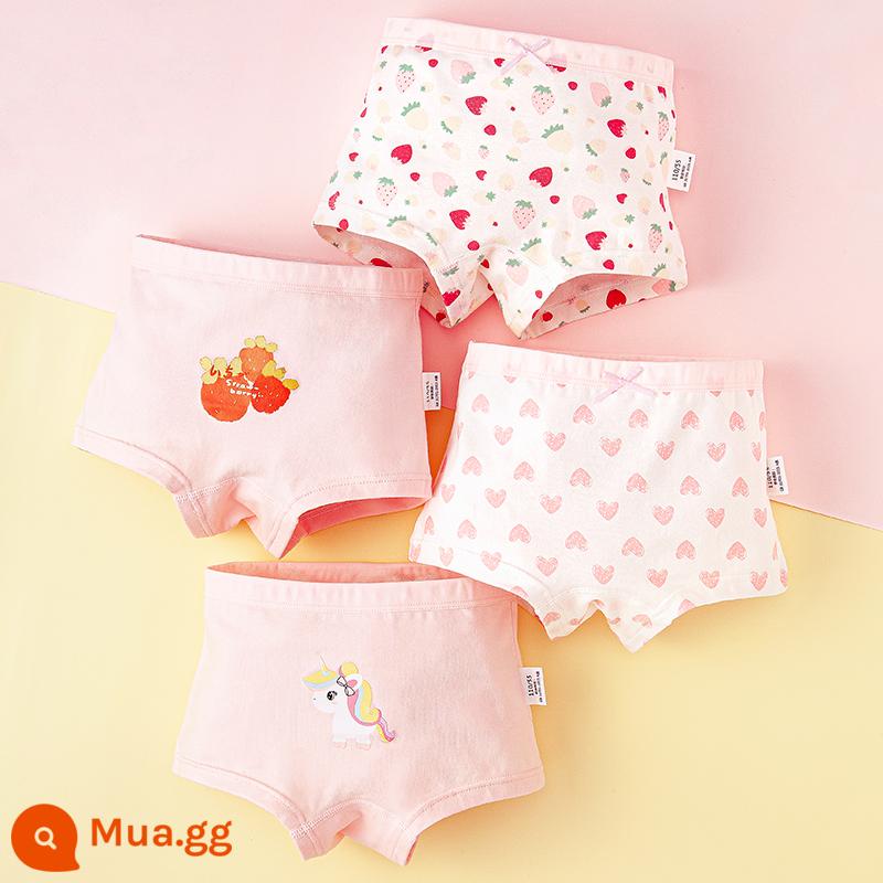 Quần lót trẻ em bé gái cotton nguyên chất tam giác cho bé 100% không kẹp mông PP bé gái con lớn quần lót boxer cotton - Pony dâu (bốn góc) loại A cotton nguyên chất không có PP 4 gói