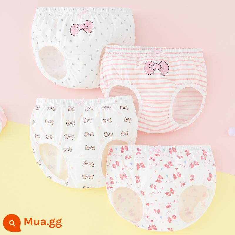 Quần lót trẻ em bé gái cotton nguyên chất tam giác cho bé 100% không kẹp mông PP bé gái con lớn quần lót boxer cotton - Nơ hồng (tam giác) loại A cotton nguyên chất không PP 4 gói