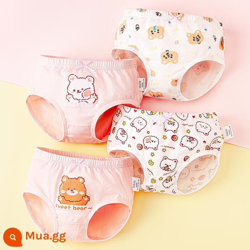 Quần lót trẻ em bé gái cotton nguyên chất tam giác cho bé 100% không kẹp mông PP bé gái con lớn quần lót boxer cotton - Hai chú gấu nhỏ (Tam giác) Loại A cotton nguyên chất không PP, 4 gói