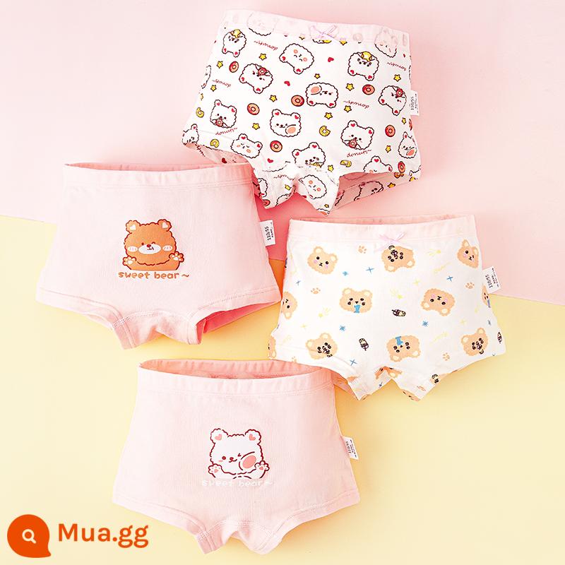 Quần lót trẻ em bé gái cotton nguyên chất tam giác cho bé 100% không kẹp mông PP bé gái con lớn quần lót boxer cotton - Hai Chú Gấu Nhỏ (Bốn Góc) Loại A Cotton Nguyên Chất Không PP Gói 4