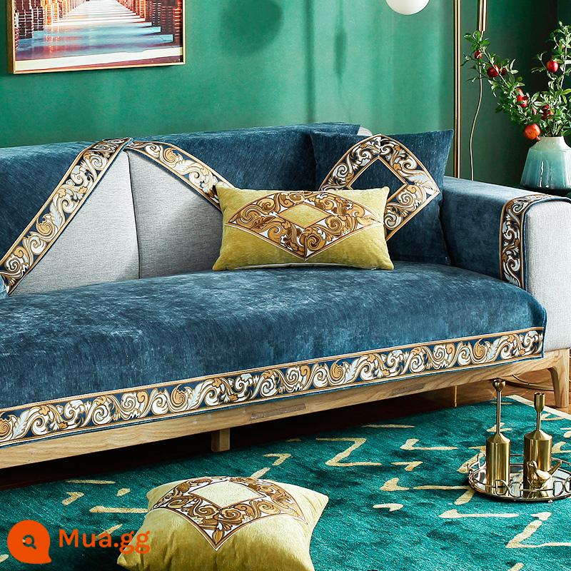 Bắc Âu Đèn Ghế Sofa Cao Cấp Đệm Bốn Mùa Đa Năng Viền Chống Trơn Trượt Đơn Giản Đệm Ghế Sofa Hiện Đại Tựa Lưng Khăn - Diana-Xanh