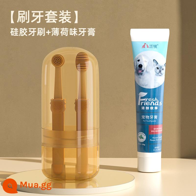 Mèo Cưng Silicone Bàn Chải Đánh Răng Nhỏ Cho Mèo Bàn Chải Răng Cho Chó Bộ Kem Đánh Răng Loại Bỏ Hôi Miệng Ăn Được Làm Sạch Răng Tiếp Liệu - [Bộ 2] Bàn chải đánh răng silicon + kem đánh răng hương bạc hà