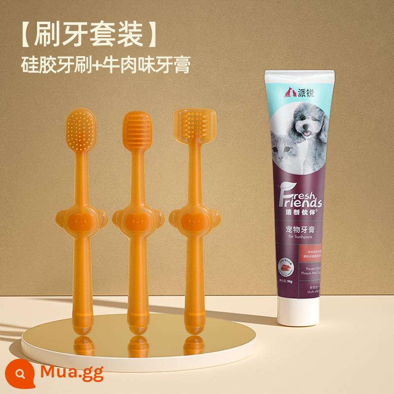 Mèo Cưng Silicone Bàn Chải Đánh Răng Nhỏ Cho Mèo Bàn Chải Răng Cho Chó Bộ Kem Đánh Răng Loại Bỏ Hôi Miệng Ăn Được Làm Sạch Răng Tiếp Liệu - [Bộ 3] Bàn chải đánh răng silicon + Kem đánh răng hương thịt bò