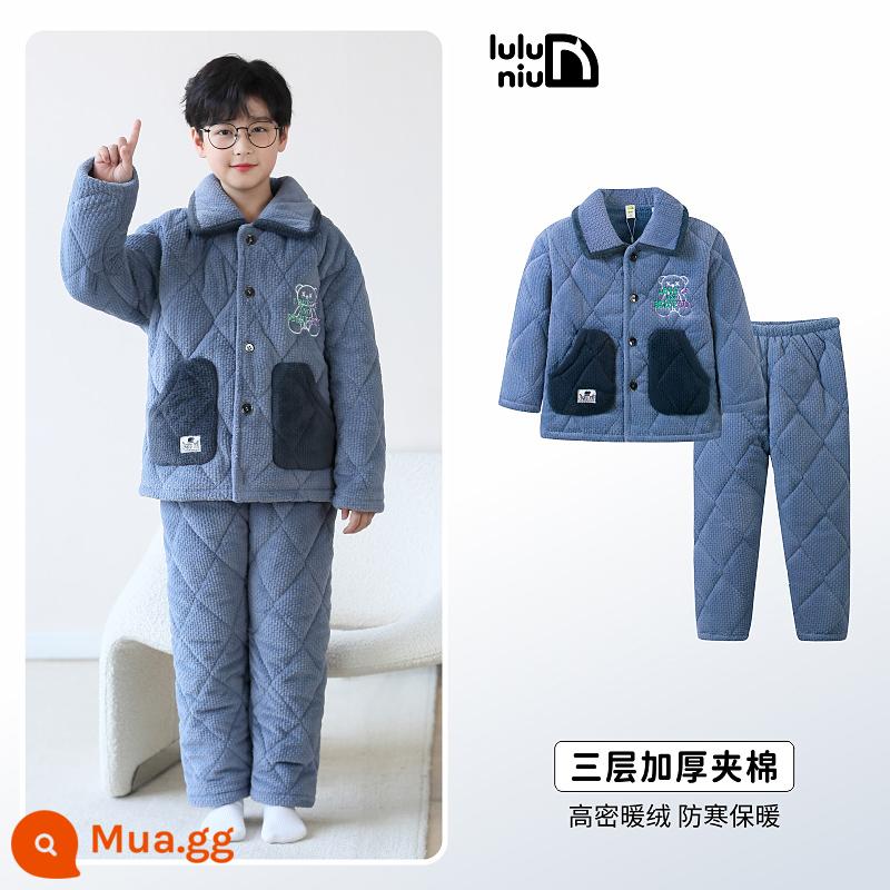 Bộ đồ ngủ trẻ em mùa đông Luluoxi Bộ quần áo mặc ở nhà dành cho bé trai bằng vải flannel dày ba lớp cộng với nhung dành cho trẻ em cỡ vừa và lớn - 83018-thủy triều xanh