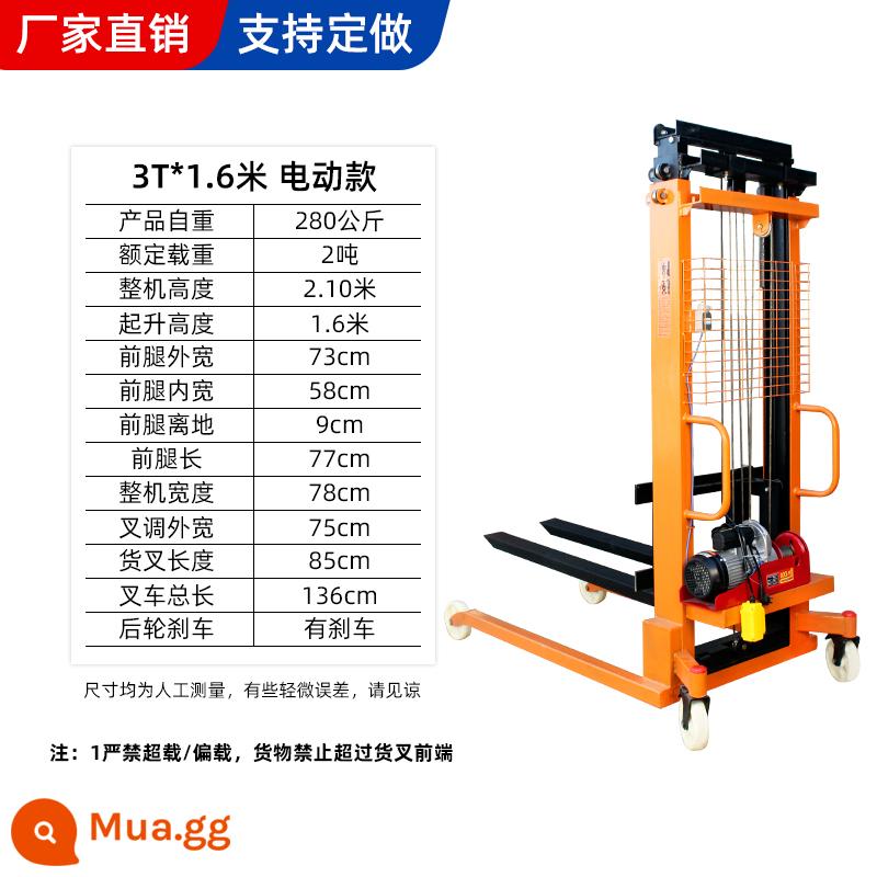 Xe nâng thủy lực bằng tay 1 tấn 2 tấn xe nâng bán điện đẩy gia súc trên cao máy xếp nhỏ - Model điện 3T/1,6m có bảo hành 5 năm nâng cao