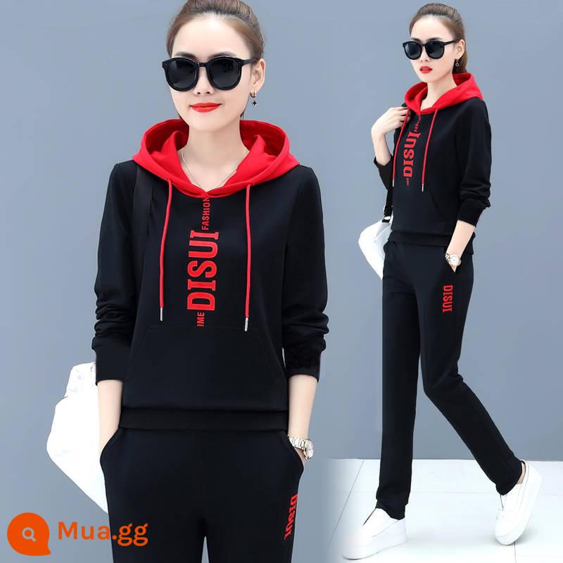 2022 Mùa thu và mùa đông Bộ đồ thể thao mới Bộ đồ nữ kích thước lớn In Jersey Hooded Casual Hooded Running Two -Chuỗi nữ - Set áo len + quần đen