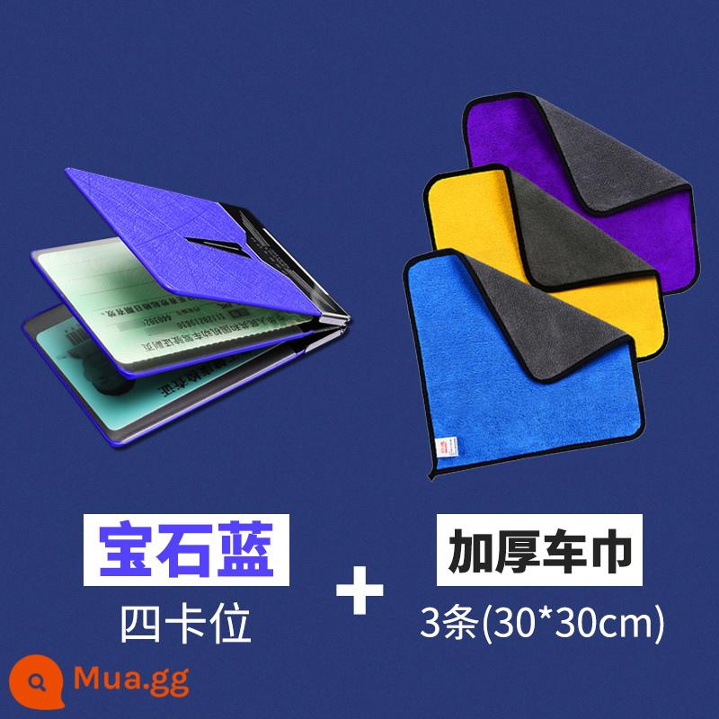 Bao giấy phép lái xe bao bảo vệ giấy phép lái xe kẹp giấy chứng nhận hai trong một túi đựng thẻ giấy phép lái xe bao da lưới cá nhân đồ dùng ô tô màu đỏ - Màu xanh sapphire [bốn khe cắm thẻ] + 3 khăn lau xe dày 30 * 30cm [khuyên dùng]