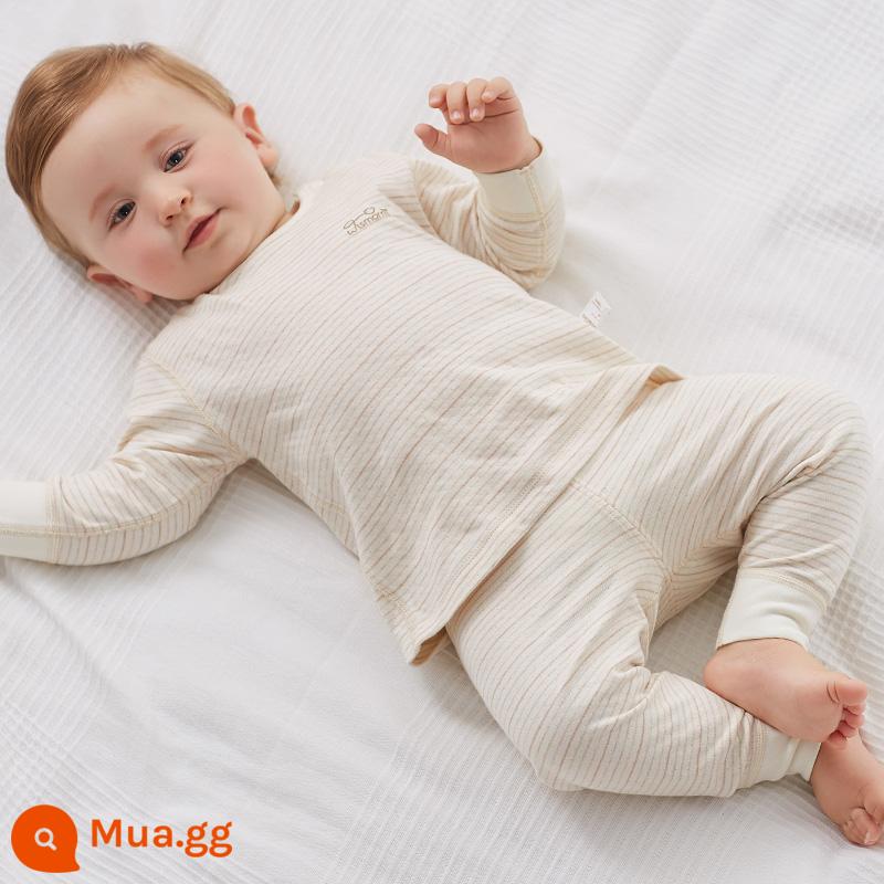 Bộ đồ lót giữ nhiệt cho bé mùa thu đông cotton nguyên chất nam nữ quần áo thu đông quần vệ sinh lớp nền Bộ hai mảnh cotton trẻ em - Kiểu mở vai [hoa văn sọc cách nhau nhiều màu hai lớp]