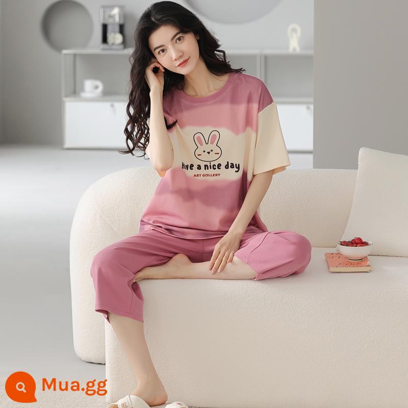 Bộ đồ ngủ bằng cotton nguyên chất Nanjiren dành cho nữ mùa hè ngắn tay bảy điểm Bộ đồ phục vụ tại nhà cho nữ 2023 mỏng mùa hè mới - Thỏ hồng tím 7088