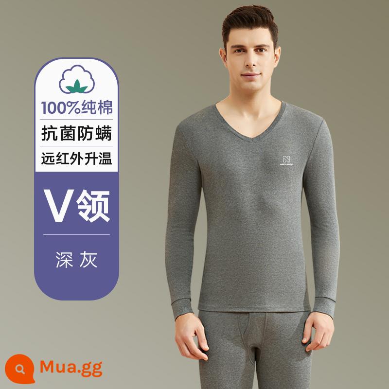 Người Nam Cực sưởi ấm quần áo nam cotton nguyên chất quần lót dài quần vệ sinh phù hợp với áo sơ mi bên trong quần bông áo len vệ sinh quần áo quần vệ sinh - Cổ chữ V xám đậm [100% cotton, kháng khuẩn/sưởi hồng ngoại xa, bộ đơn đặc biệt]