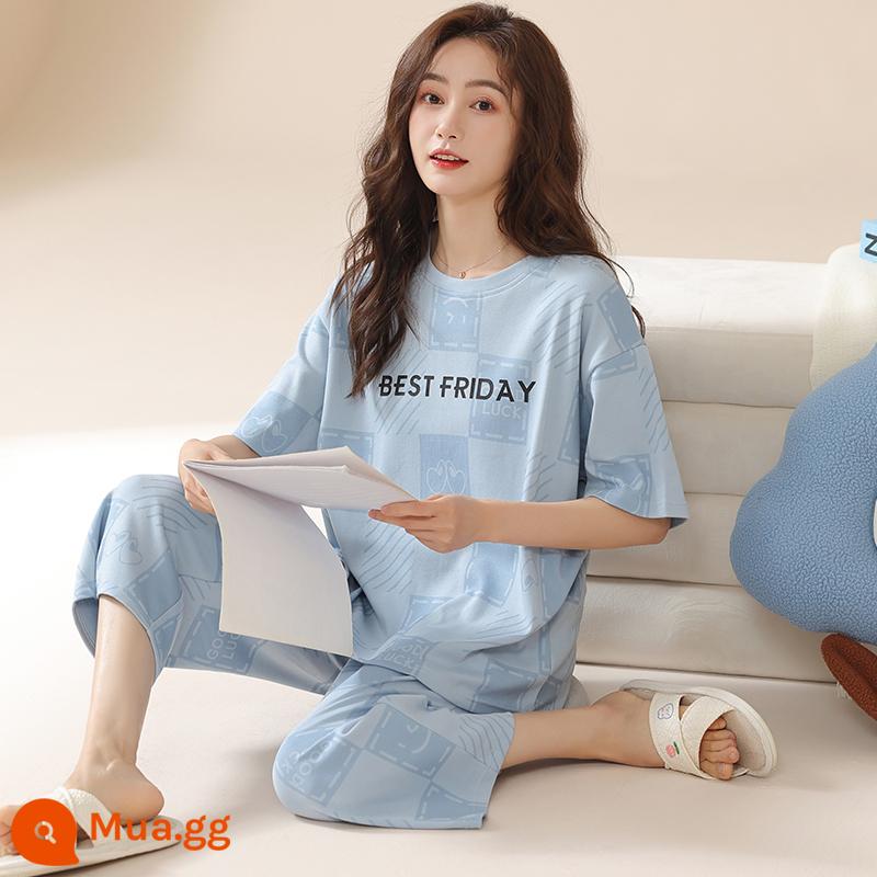 Bộ đồ ngủ bằng cotton nguyên chất Nanjiren dành cho nữ mùa hè ngắn tay bảy điểm Bộ đồ phục vụ tại nhà cho nữ 2023 mỏng mùa hè mới - Tình yêu màu xanh nhạt 3206