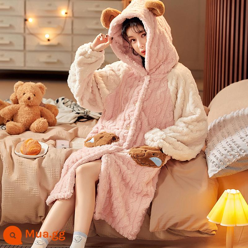 Bộ Đồ Ngủ Nữ Cotton Nguyên Chất Xuân Thu Quần Dài Tay Size Lớn Có Thể Mặc Ngoài Bộ Đồ Mặc Ở Nhà Thu Đông 2023 Mới mùa Đông - Gấu hồng (váy ngủ đơn)