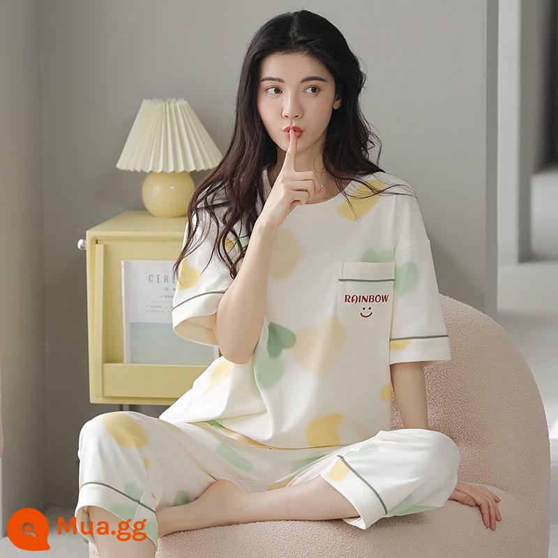 Bộ đồ ngủ bằng cotton nguyên chất Nanjiren dành cho nữ mùa hè ngắn tay bảy điểm Bộ đồ phục vụ tại nhà cho nữ 2023 mỏng mùa hè mới - Rượu mận xanh 9950