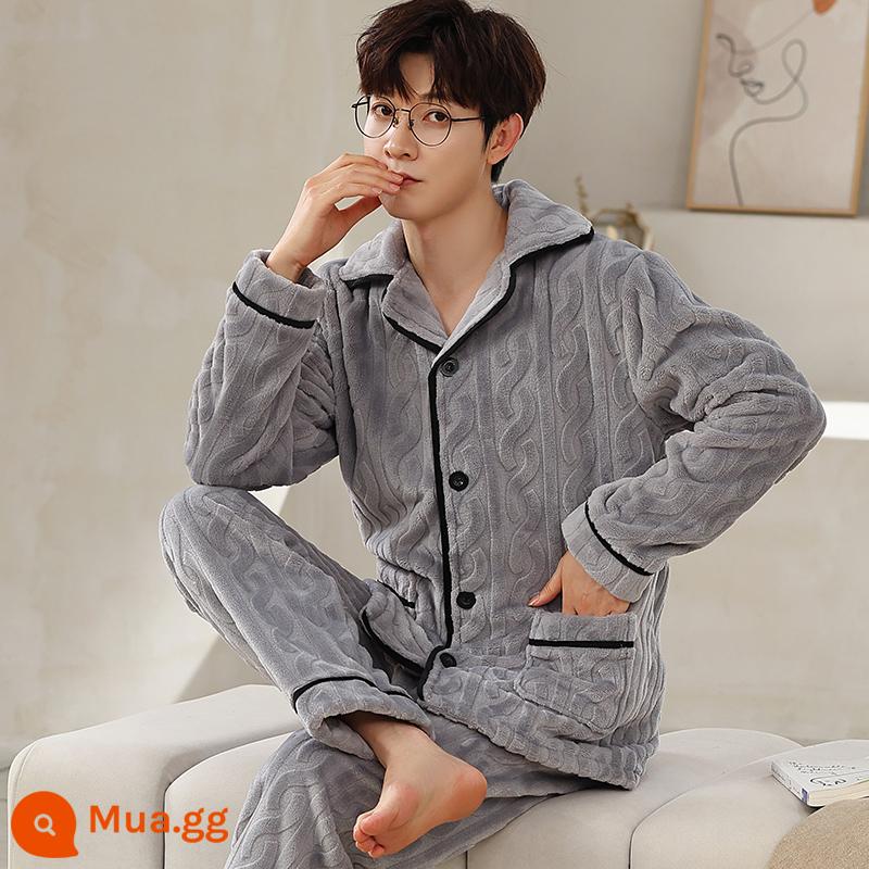 Nanjiren Pyjama Nam Lông Cừu San Hô Plus Nhung Dày Dặn Bộ Đồ Phục Vụ Tại Nhà Có Thể Mặc Ra Ngoài Vào Mùa Đông 2022 Phong Cách Mới - Hoa cắt cành màu xám 267