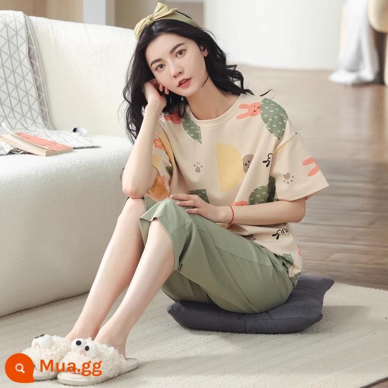 Bộ đồ ngủ bằng cotton nguyên chất Nanjiren dành cho nữ mùa hè ngắn tay bảy điểm Bộ đồ phục vụ tại nhà cho nữ 2023 mỏng mùa hè mới - Fanfanqinghe 7031